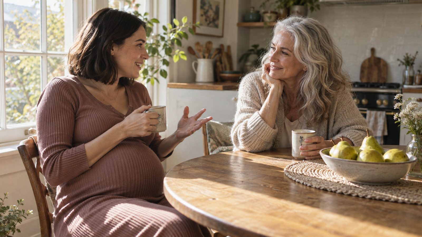 A pregnant woman and an older woman talking over mugs at a naturally lit kitchen table.
