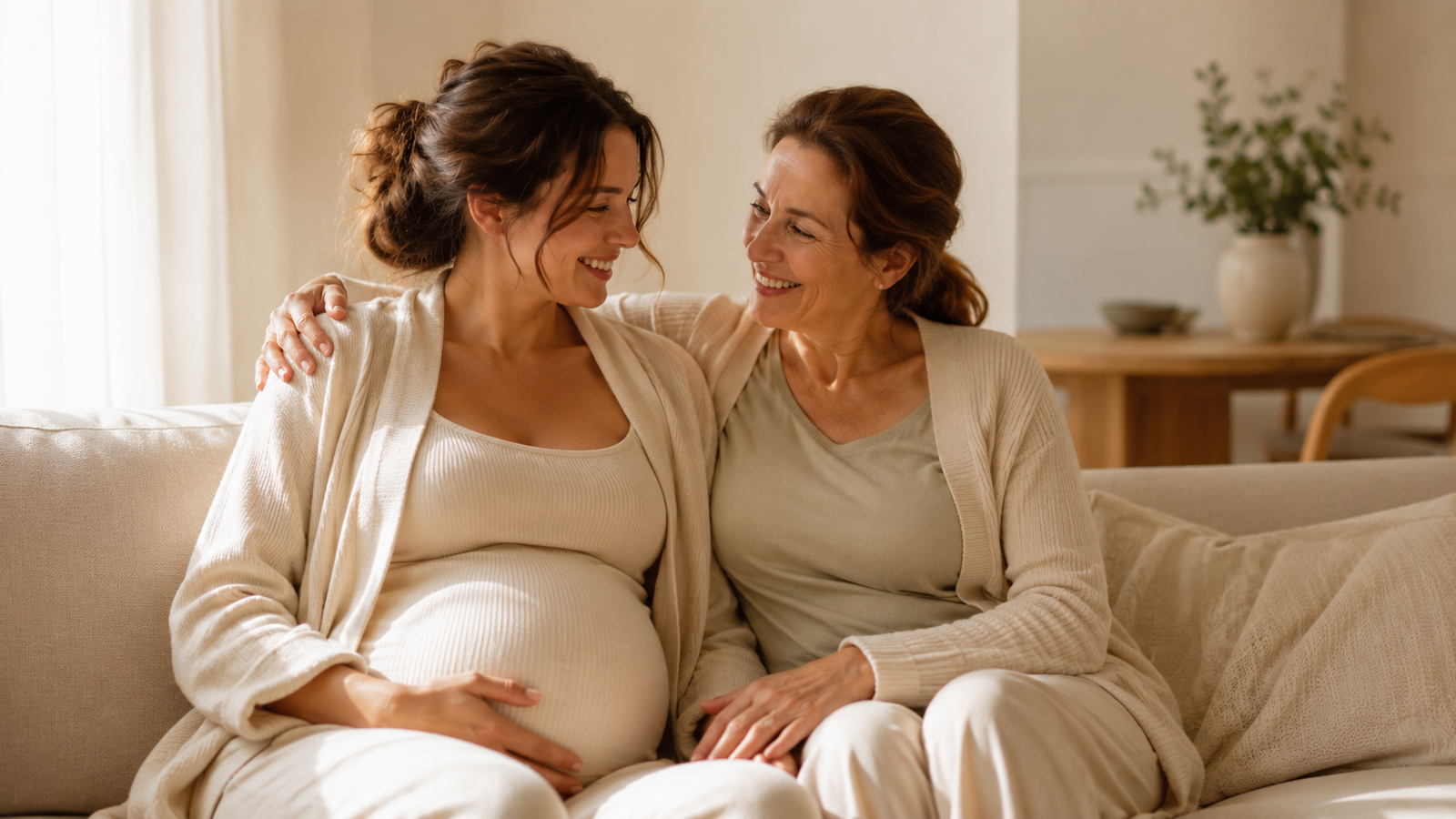 Pregnant woman sitting on a sofa beside her mother, both smiling