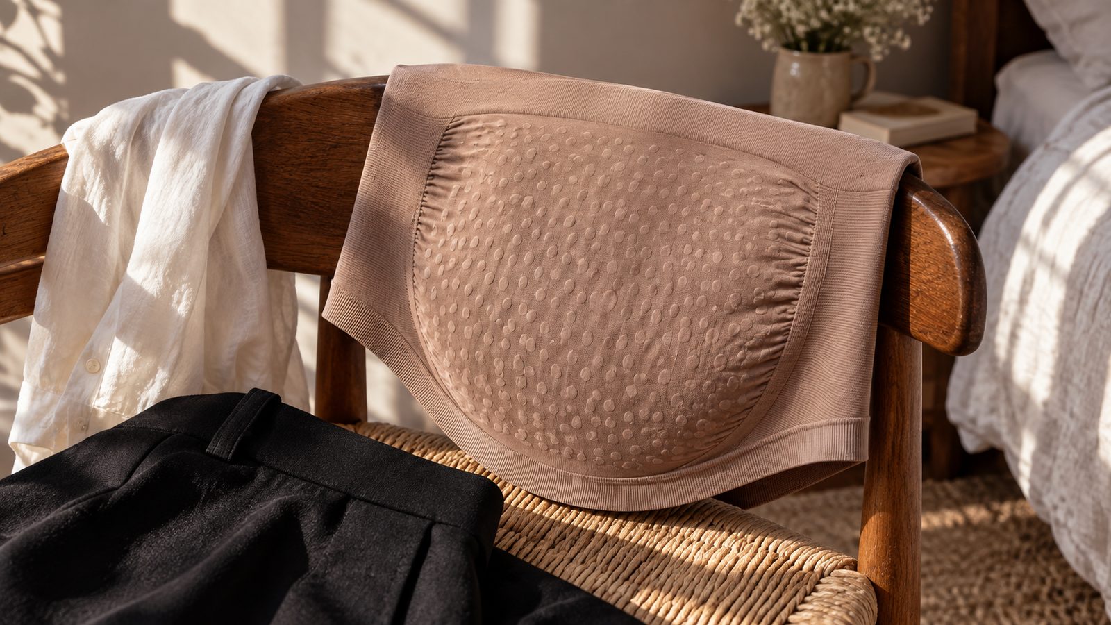 A mocha Secret Saviours maternity band draped over a wooden chair beside a white shirt.