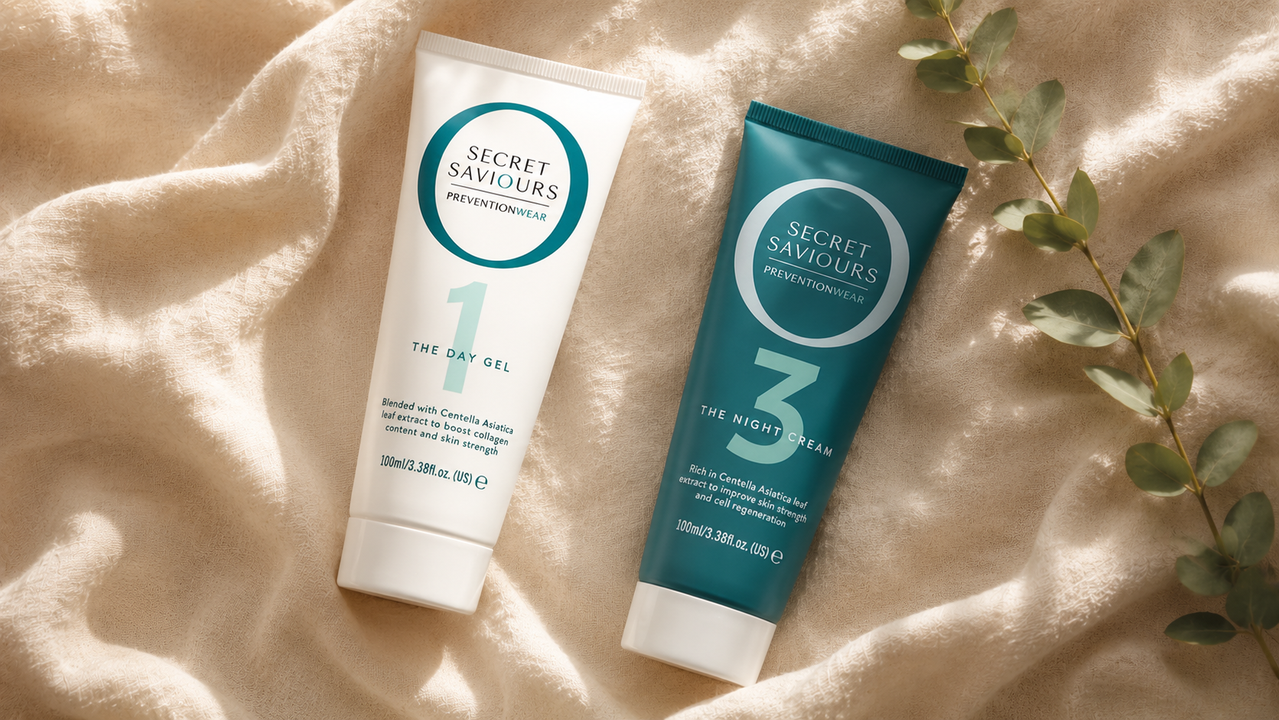 Secret Saviours Day Gel and Night Cream with centella asiatica on soft neutral fabric