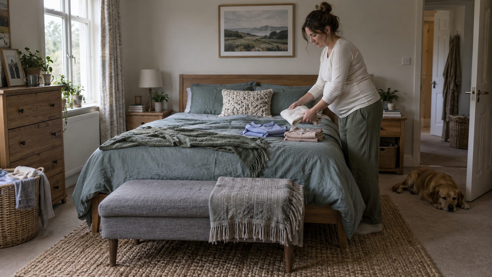 Pregnant woman putting folded clothing away beside a bed in a naturally lit bedroom.