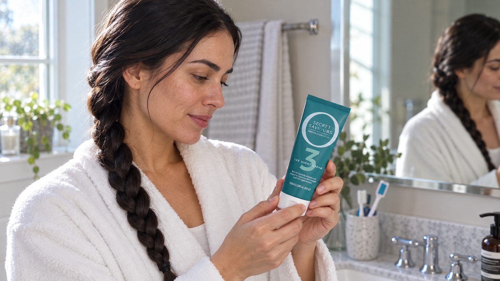 Woman with a neat dark plait reading a body-care tube beside a bathroom mirror.