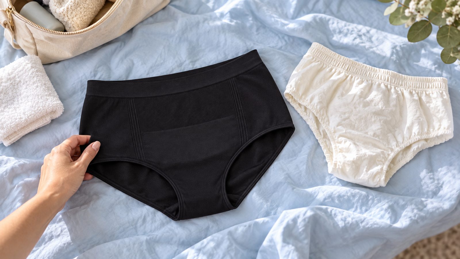 Black washable recovery briefs and cream disposable pants beside a towel on pale-blue bedding.