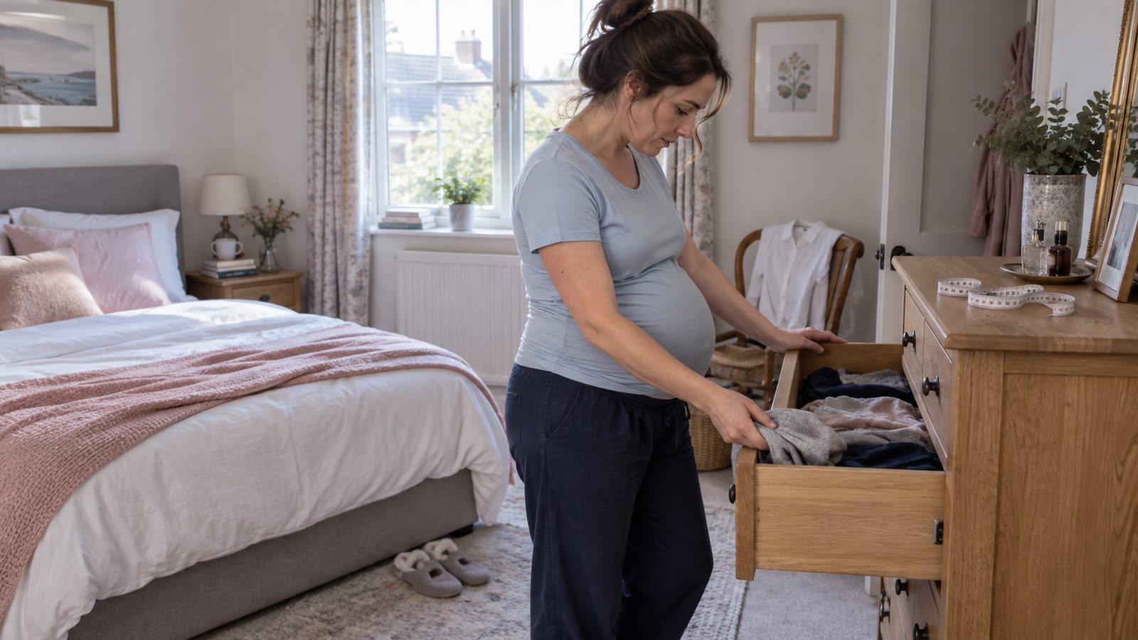 Pregnant woman choosing clothes from an open wooden dresser in a naturally lit bedroom.