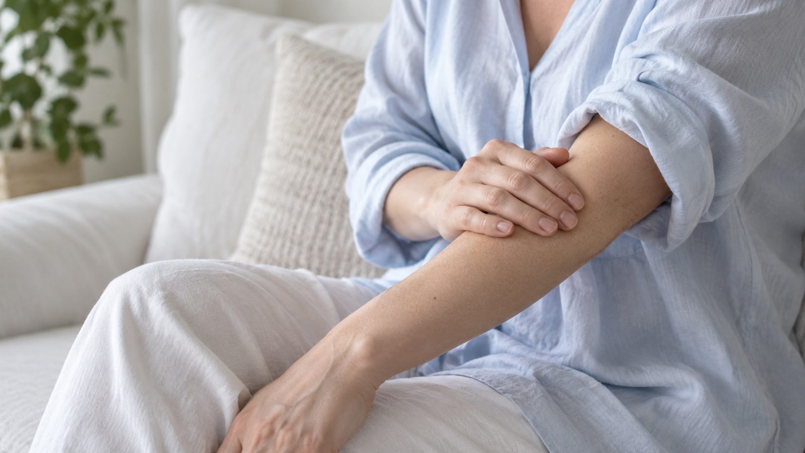 Close-up of a seated woman gently touching her forearm, with loose pale-blue cotton sleeves.