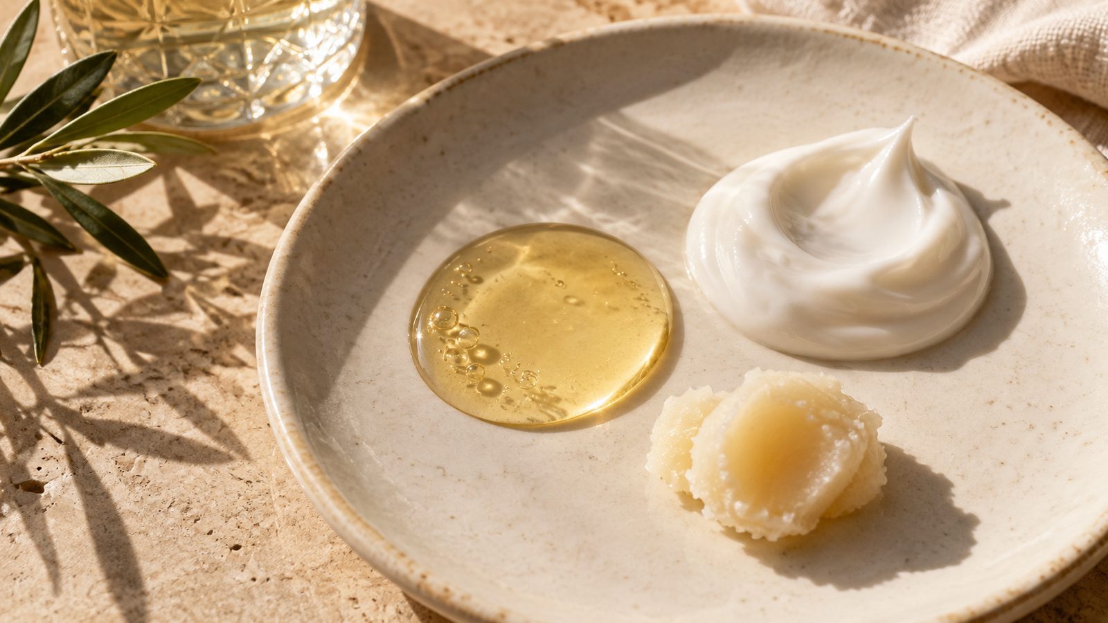 Separate oil, cream and balm textures photographed in directional sunlight on a ceramic surface.