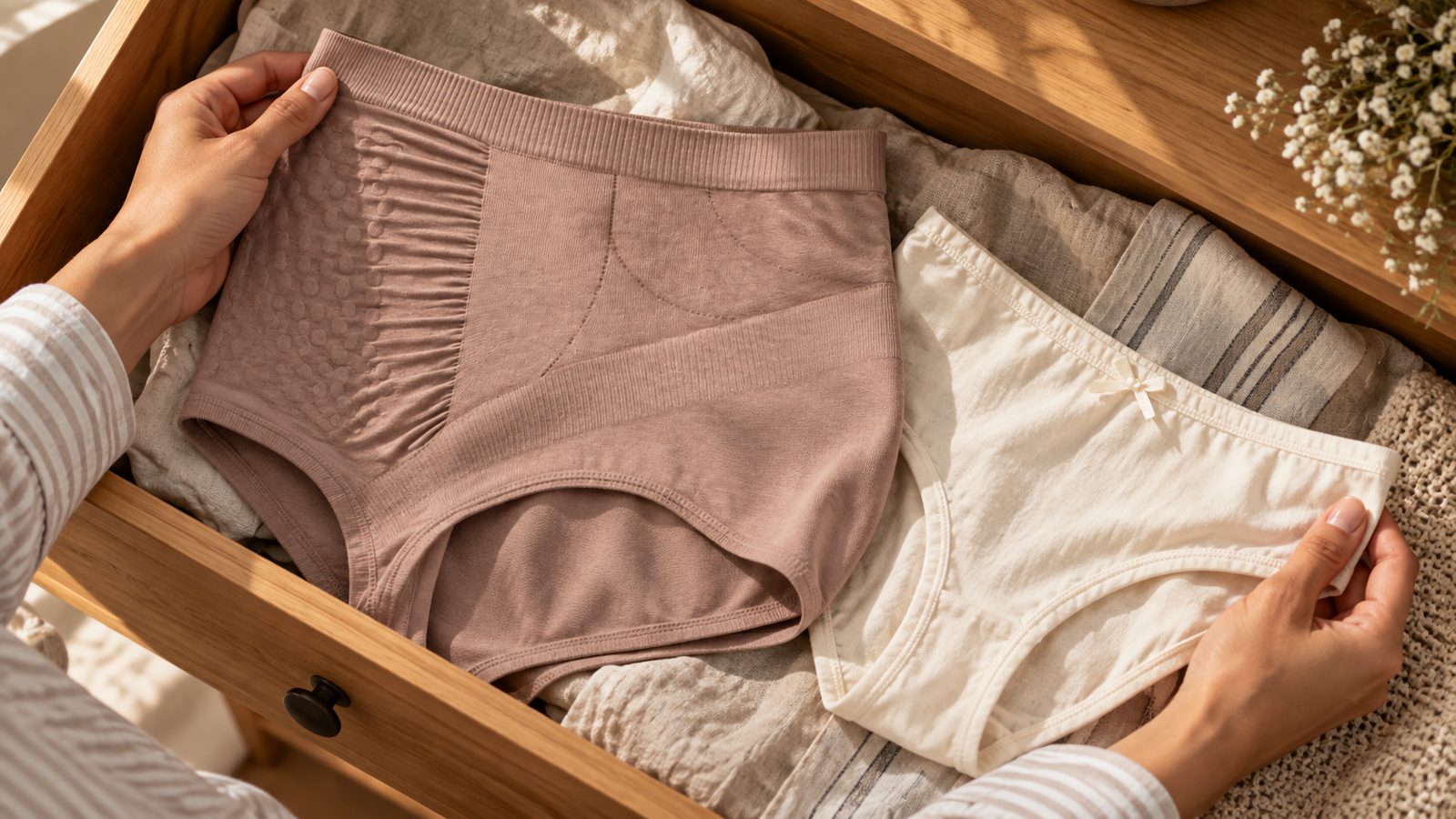 Hands comparing high-waisted maternity briefs and low-rise cotton knickers beside an open drawer.