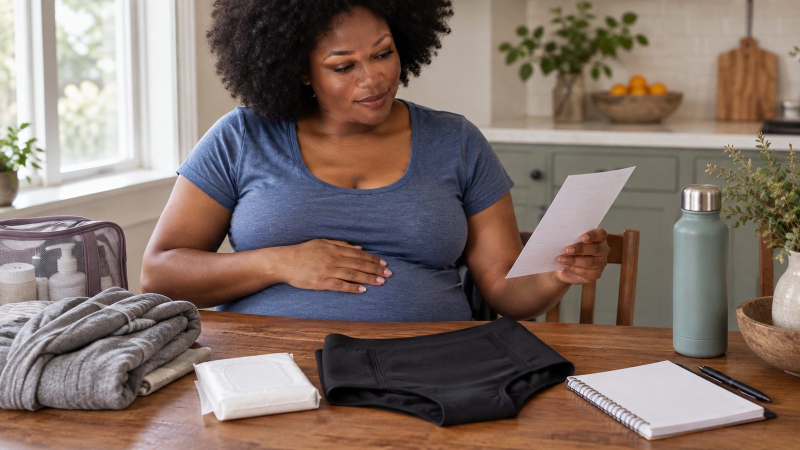 A pregnant woman sorting a small selection of postpartum supplies at a kitchen table.