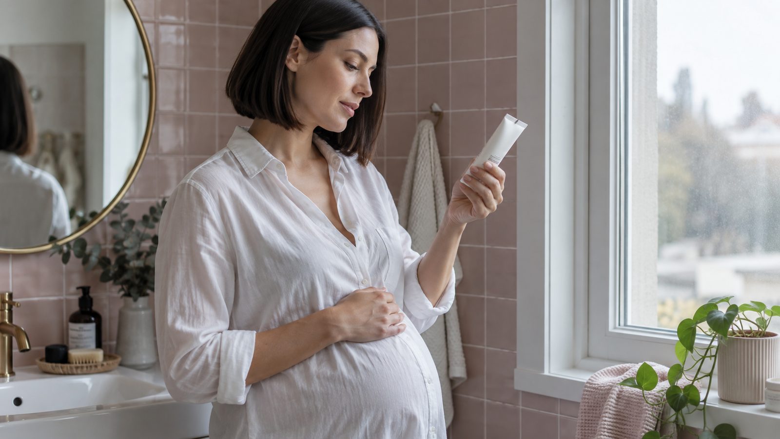 Pregnant woman with a straight dark bob reading a skincare tube beside a bathroom window.