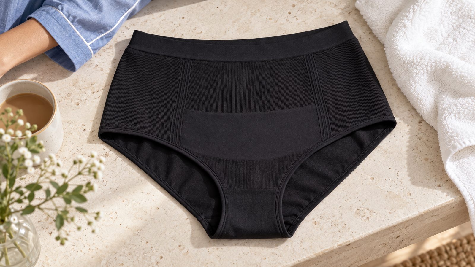 Black Secret Saviours C-section Recovery Briefs with their smooth front panel beside a cotton pyjama shirt.