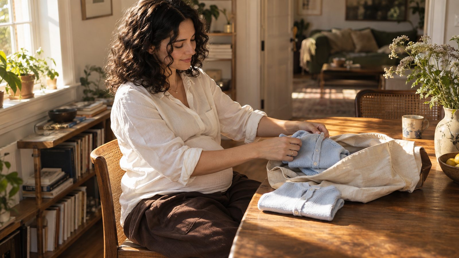 Pregnant woman with loose dark curls folding two small blue cardigans at a sunlit dining table.