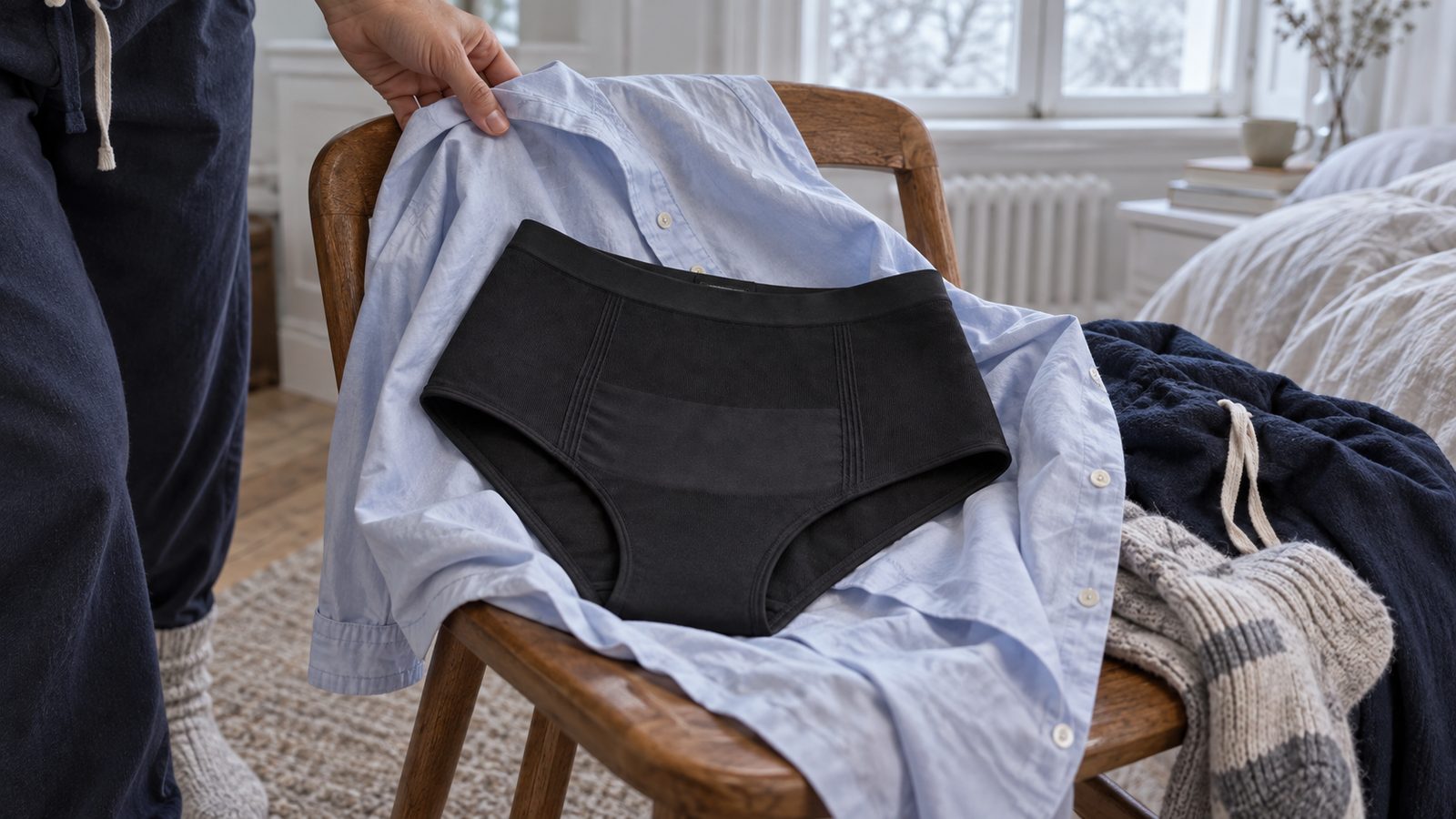Black C-section Recovery Briefs resting on a loose blue shirt draped over a wooden chair.