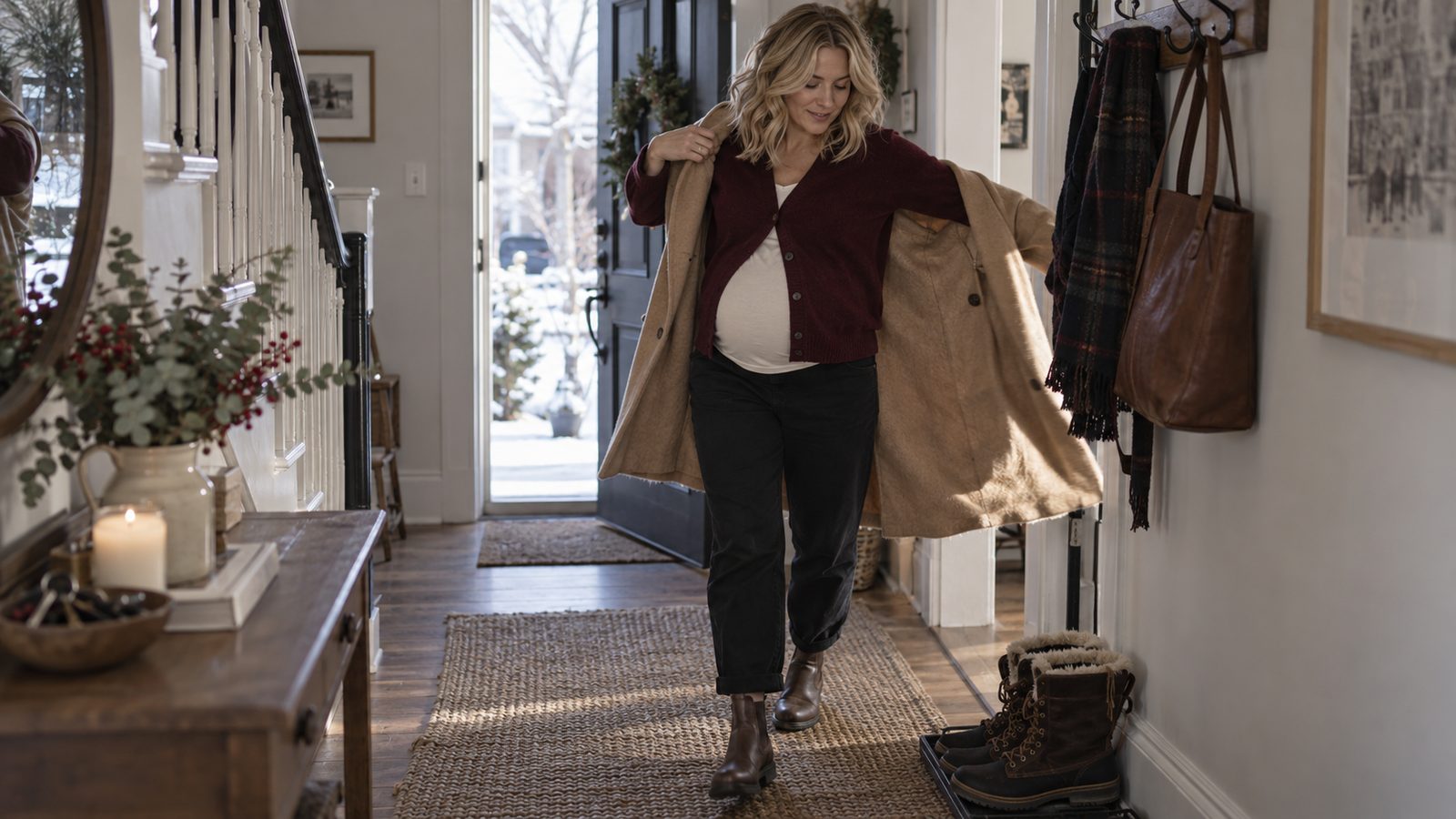 A pregnant woman putting on a camel coat over a cardigan in a naturally lit hallway.