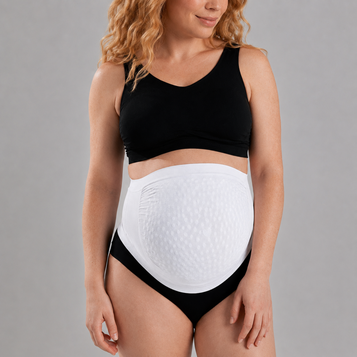 Secret Saviours The Band in white — full body view showing the fit over the bump